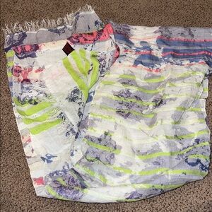 Asian Eye Cotton Linen Batik Scarf, Pink Aqua Lime Abstract Floral Stripes